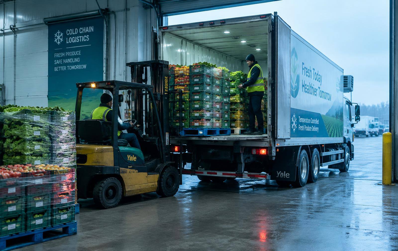 Refrigerated truck being loaded with fresh produce