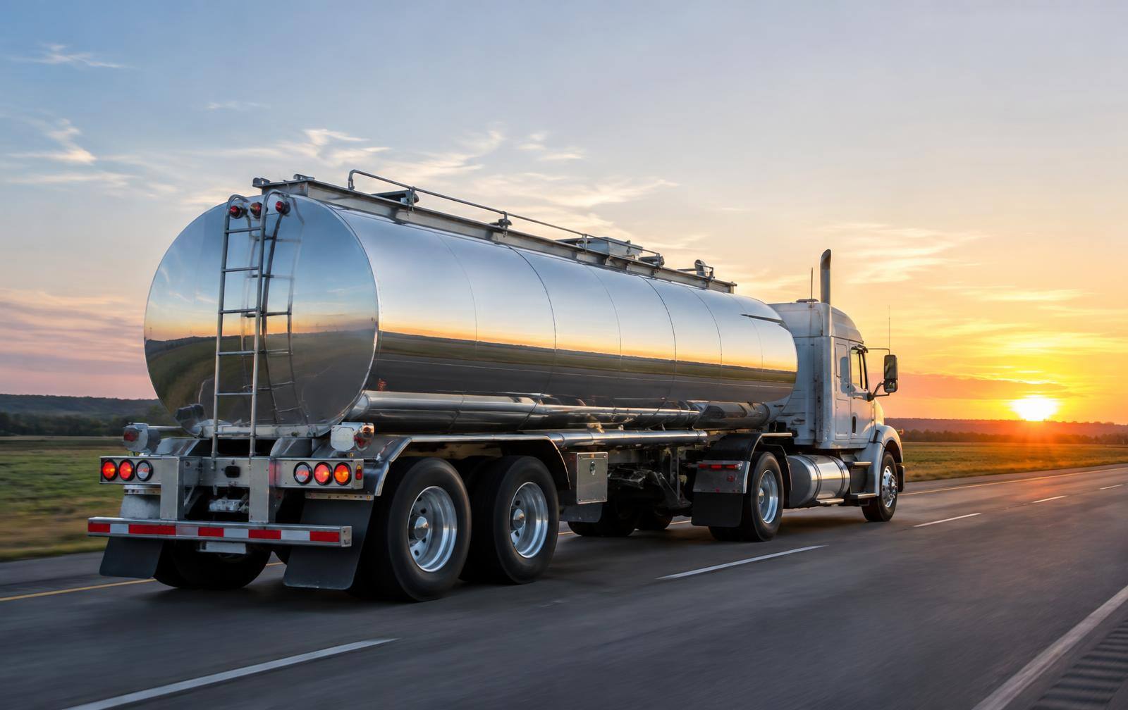 Fuel tanker truck on a highway at sunrise