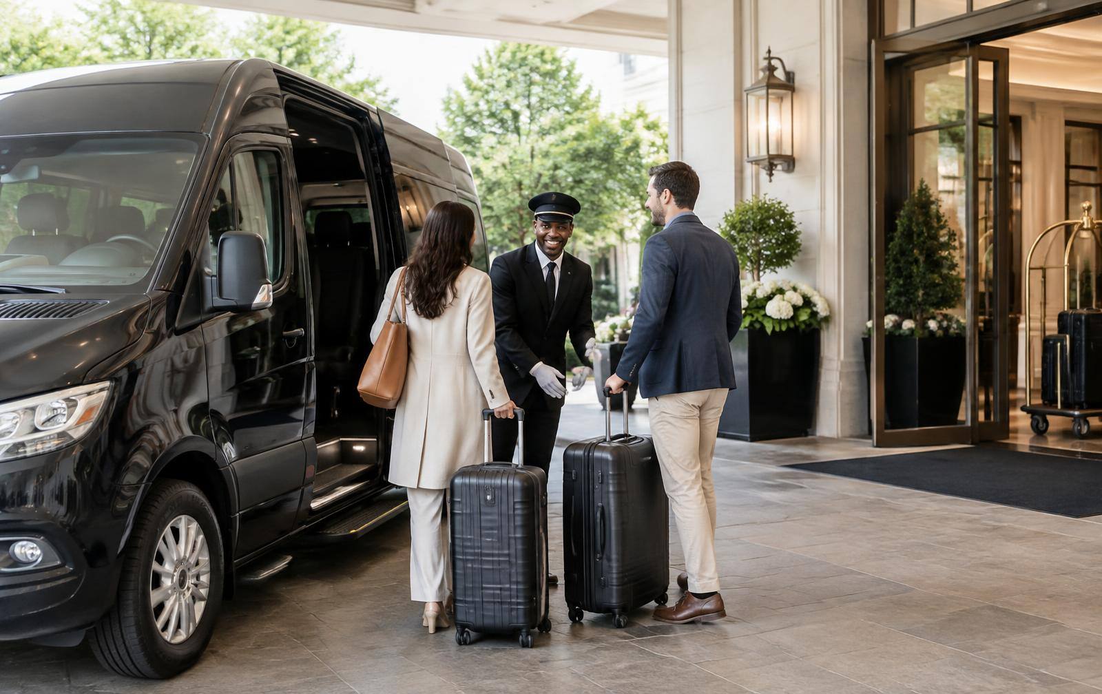 Hotel guests boarding a shuttle van