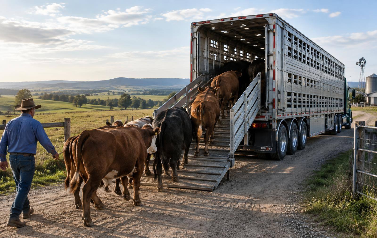 Cattle being loaded into a livestock truck