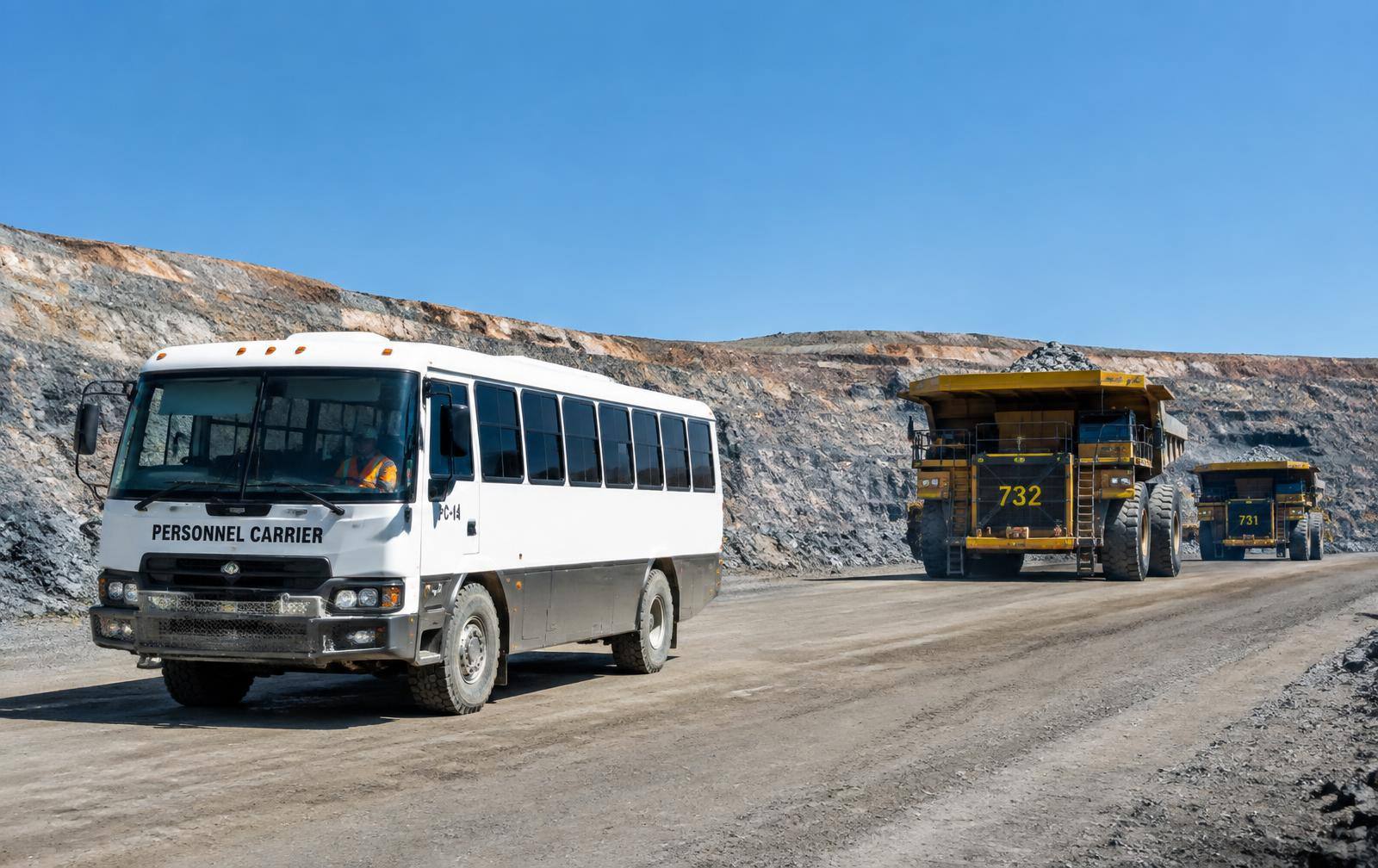 Personnel carrier and haul trucks at an open-pit mine