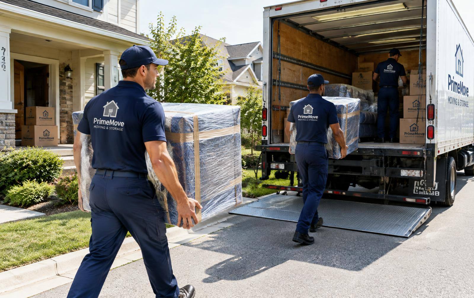 Movers loading wrapped furniture into a truck