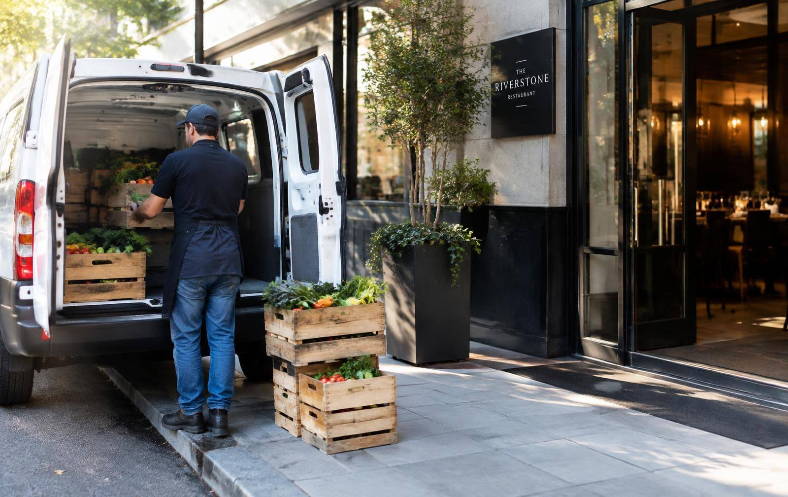 Van delivering fresh produce to a restaurant