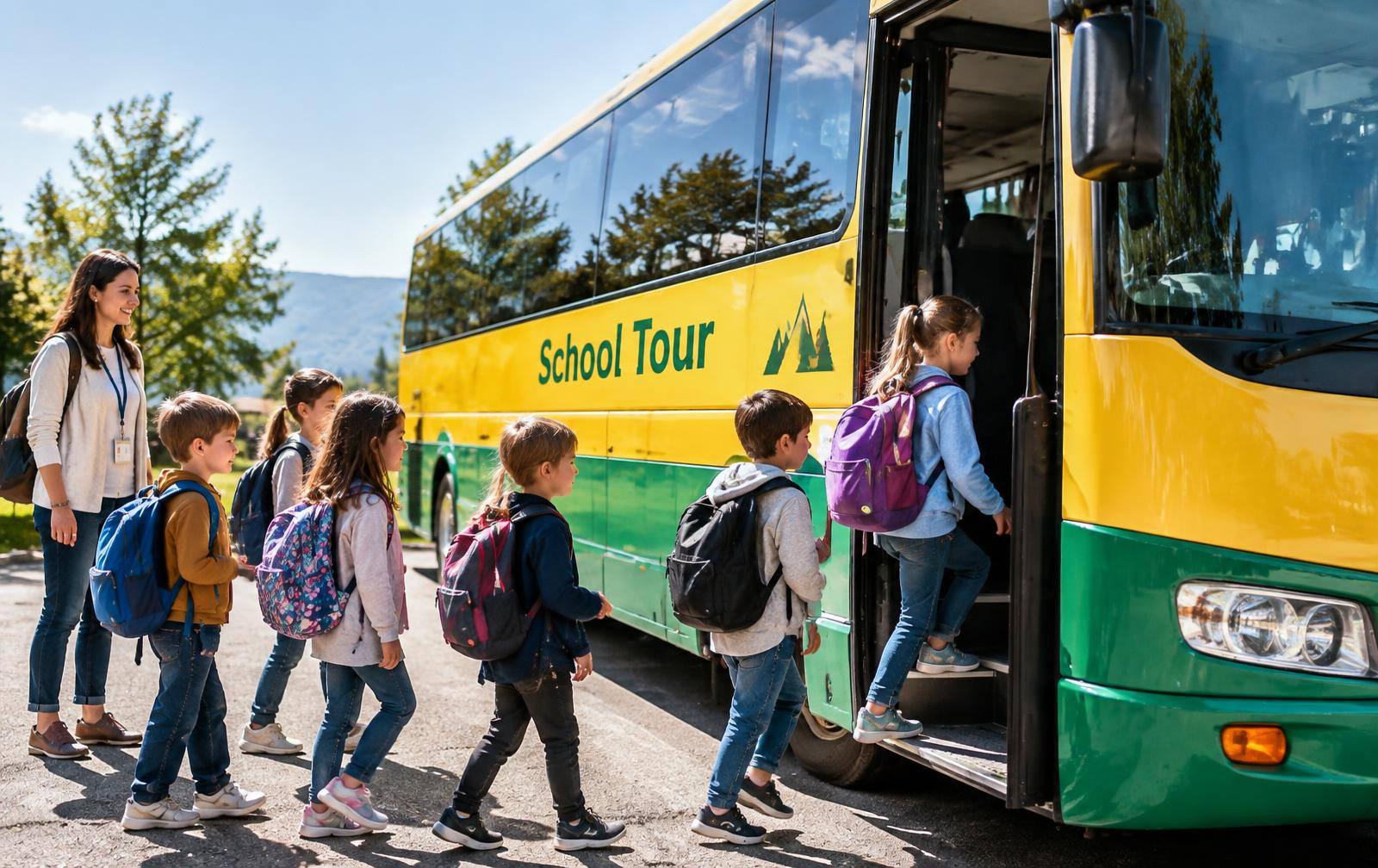Children boarding a school tour bus
