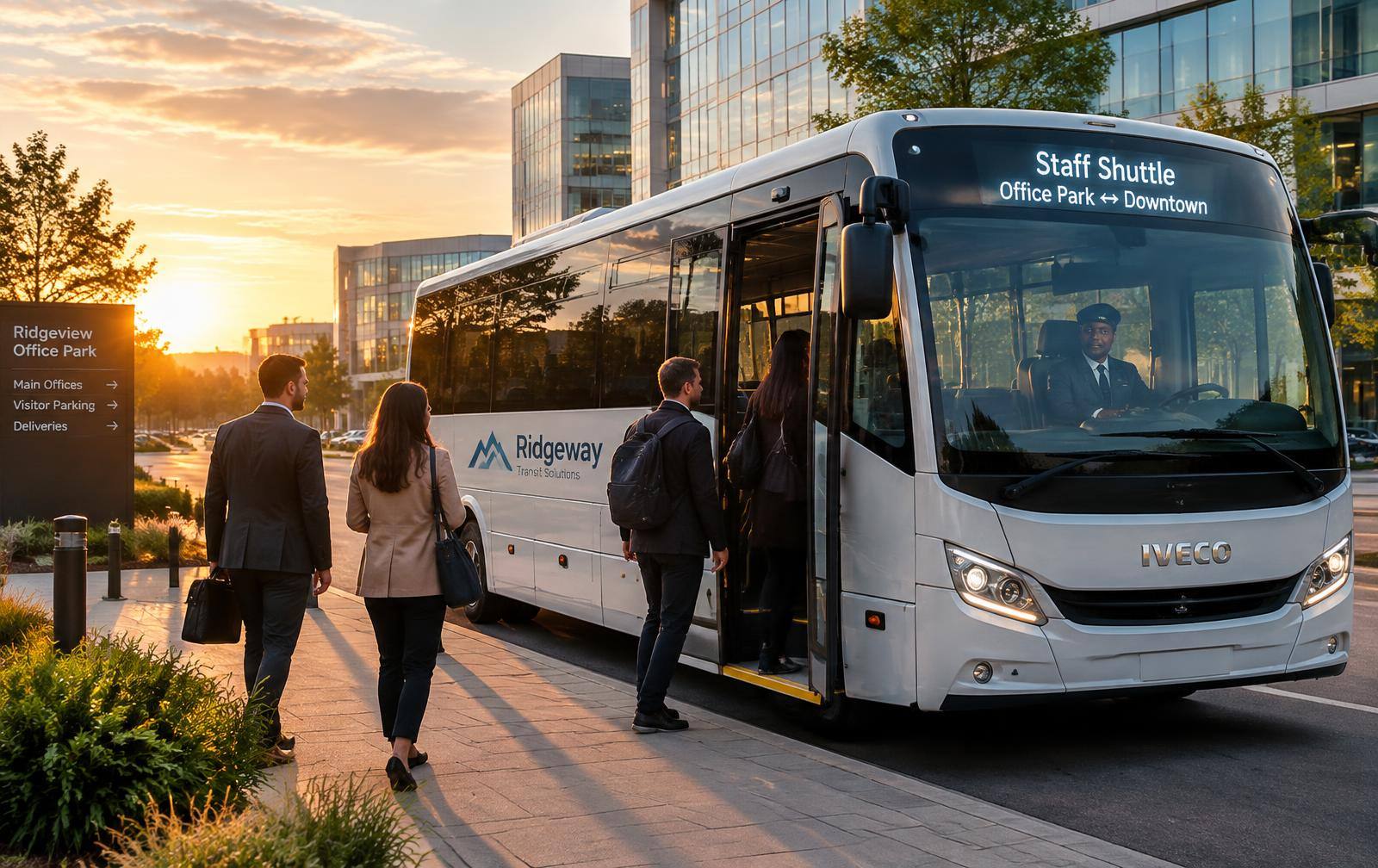 Corporate staff shuttle boarding commuters at an office park